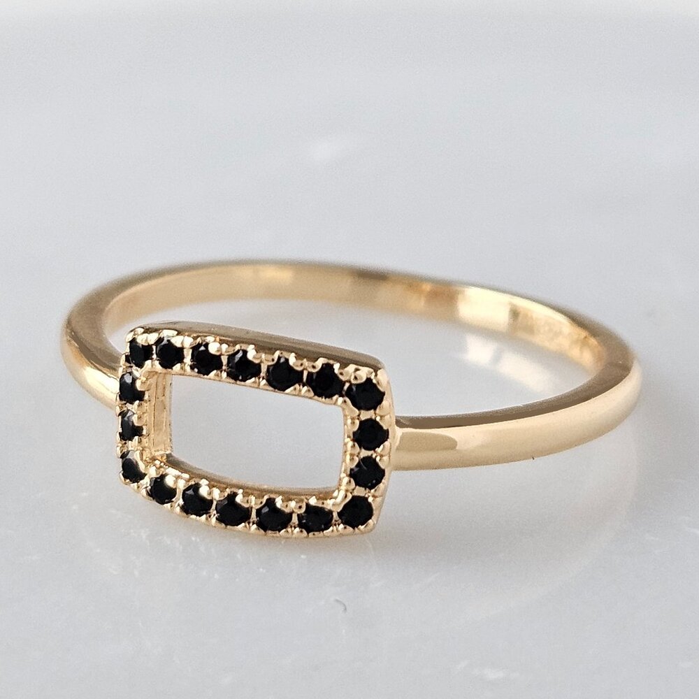 Dainty Gold Ring with Black Gemstone, 10k Gold Finish